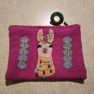 Jenny Krauss Llama 100% Wool Embroidered Clutch Purse Make Up Bag Boho Pink